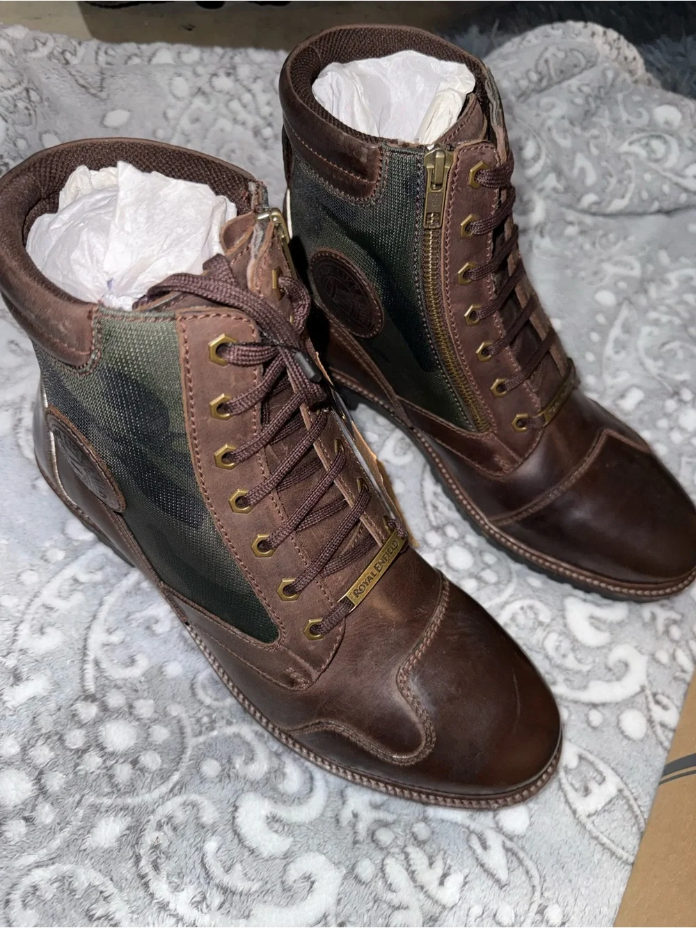 Royal Enfield Stellar Brown Camo Leather Motorcycle Riding Boots Men’s 11